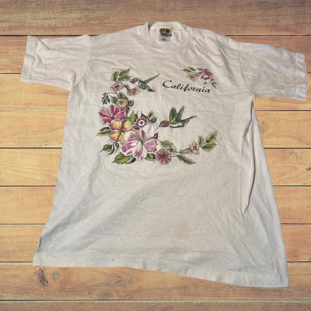Vintage Fruit of the Loom California Hummingbird Floral T-Shirt White Medium